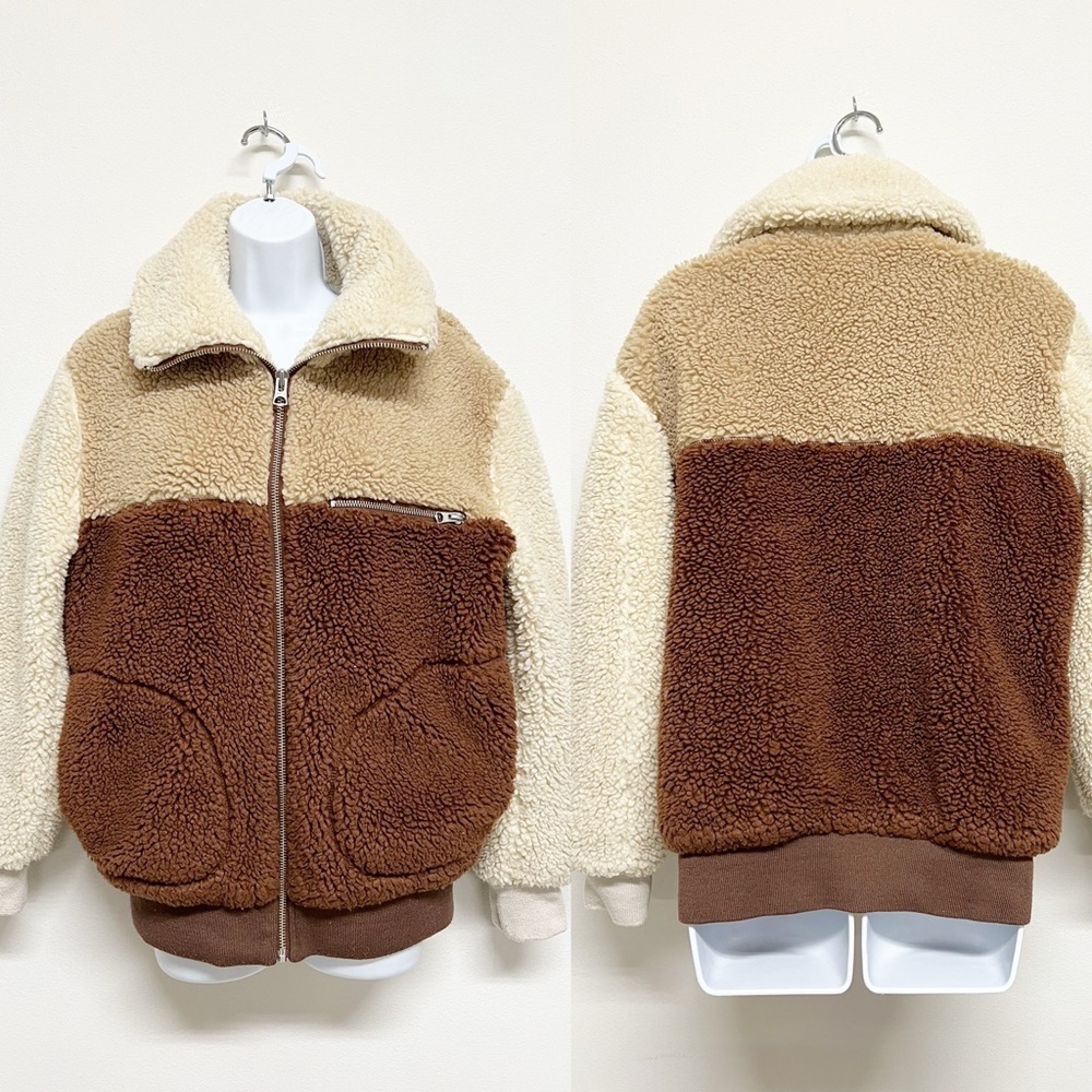 Aritzia Wildred Free Womens Multicolor Brown Tan Teddy Bear Zip Up Bomber Jacket - Picture 3 of 11